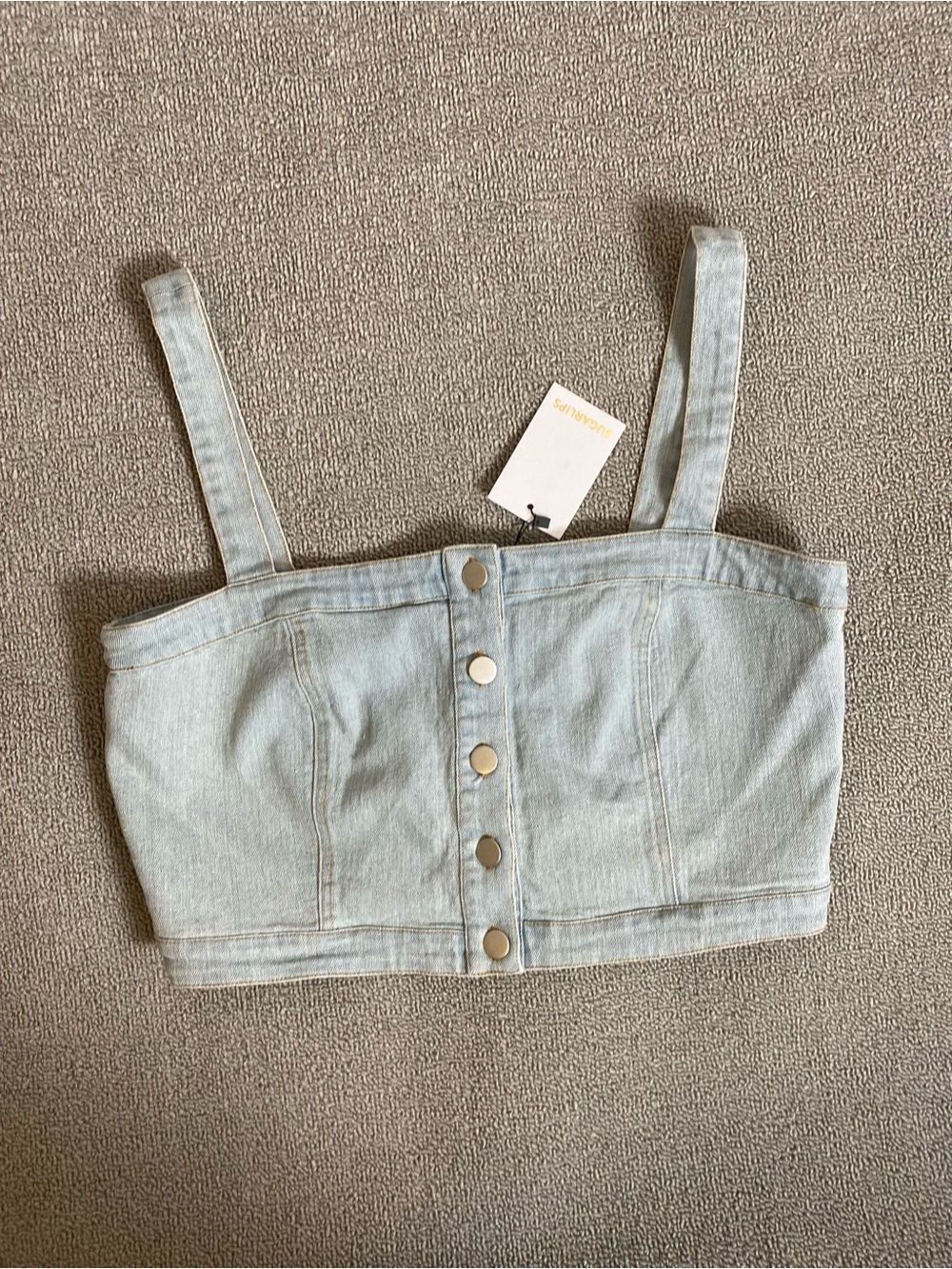 Sugarlips Light Wash Denim Button-Front Crop Top Strappy Bralette- Summer Biker
